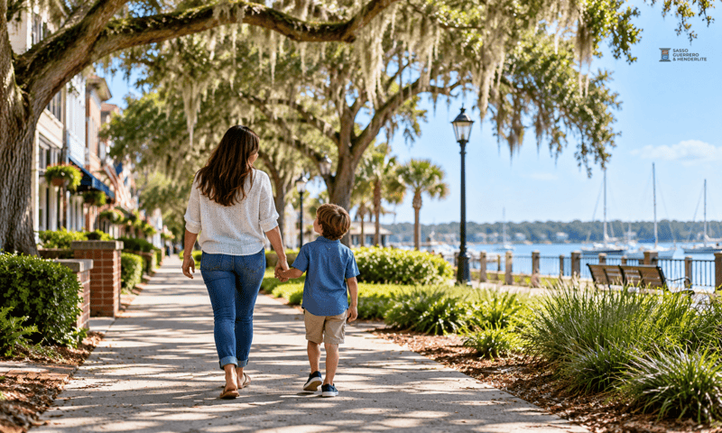 Mother and child walking along a tree-lined coastal waterfront promenade.